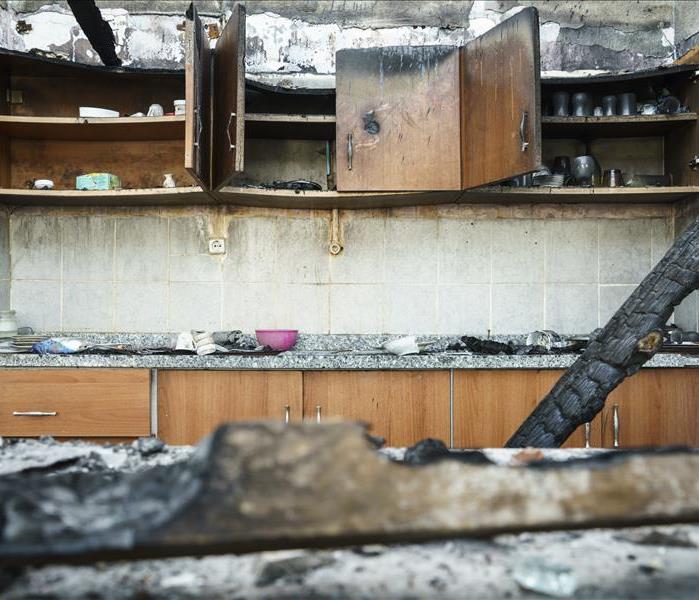 Fire damage in a building kitchen. 
